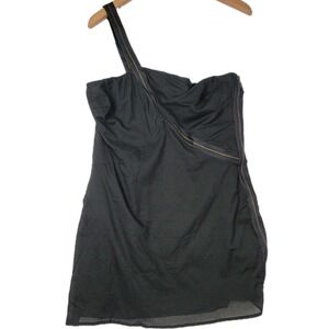 VINTAGE SHERI BODELL BLACK ZIP FRONT STRAPPY ONE SHOULDER TOP WOMENS SIZE MEDIUM